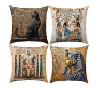 Housse Coussin Lot de 4 40x40 cm,Statue égyptienne Housse de Coussin Velours Taie d'oreiller avec Fermeture éClair Invisible Housse Coussin pour Canapé Lit Salon Chambre Maison(Chat Pharaon)