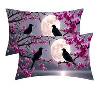 Housse Coussin Lune oiseaux Lot de 2 Oreillers Rectangulaires 30x60 cm- Lin Taie D'oreiller, Décoration D'intérieur et D'extérieur - pour Maison Balcon Bureau Fauteuil avec Fermeture Invisible J-1005