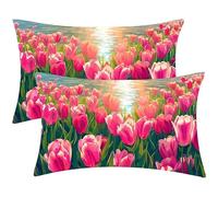 Housse Coussin Tulipes Lot de 2 Oreillers Rectangulaires 40x80 cm- Lin Taie D'oreiller, Décoration D'intérieur et D'extérieur - pour Maison Balcon Bureau Fauteuil avec Fermeture Invisible J-1000