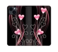 Housse Cuir Portefeuille Pour Iphone 15 (6,1) Amour Coeur Rose Montant Sur Noir
