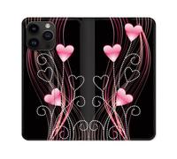 Housse Cuir Portefeuille Pour Iphone 15 Pro (6,1) Amour Coeur Rose Montant Sur Noir