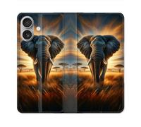 Housse Cuir Portefeuille Pour Iphone 16 Plus Animal Elephant Savane