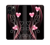 Housse Cuir Portefeuille Pour Iphone 16 Pro Amour Coeur Rose Montant Sur Noir