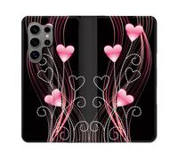 Housse Cuir Portefeuille Pour Samsung Galaxy S24 Ultra Amour Coeur Rose Montant Sur Noir