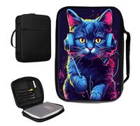 Housse de bible pour homme et femme en cuir synthétique avec poignée et poche zippée pour études bibles de taille standard et grande 27,7 x 19,8 x 4,8 cm - Chat mignon musique