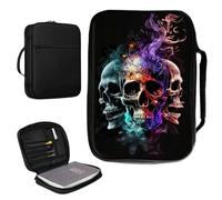 Housse de bible pour homme et femme en cuir synthétique avec poignée et poche zippée pour études bibles de taille standard et grande 27,7 x 19,8 x 4,8 cm - Crâne de glace de feu