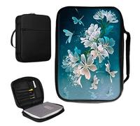 Housse de bible pour homme et femme en cuir synthétique avec poignée et poche zippée pour études bibles de taille standard et grande 27,7 x 19,8 x 4,8 cm - Fleur bleue