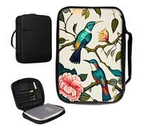 Housse de bible pour homme et femme en cuir synthétique avec poignée et poche zippée pour études de bible de taille standard et grande 27,7 x 19,8 x 4,8 cm - Oiseaux et fleurs