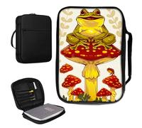 Housse de bible pour homme et femme en cuir synthétique avec poignée et poche zippée pour études de bible de taille standard et grande 27,7 x 19,8 x 4,8 cm - Champignons rouges et grenouille