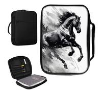 Housse de bible pour homme et femme en cuir synthétique avec poignée et poche zippée pour études de bible de taille standard et grande 27,7 x 19,8 x 4,8 cm - Cheval noir qui court