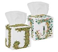 Housse de boîte à mouchoirs carrée décorative pour table, salle de bain, bureau, voiture, lettre J avec motif fleurs et feuilles