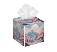 Housse de boîte à mouchoirs carrée en cuir - Montagnes japonaises enneigées - Fleurs de cerisier et lune - Distributeur de papier pour le visage - Distributeur de papier pour table de salle de bain ou