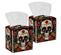 Housse de boîte à mouchoirs carrée, support décoratif pour salle de bain, salon, vanité, comptoir, bureau, voiture, bureau, tête de mort vintage et fleurs Jour des morts