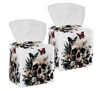 Housse de boîte à mouchoirs carrée, support décoratif pour salle de bain, salon, vanité, comptoir, bureau, voiture, bureau, tête de mort, plante florale avec papillons