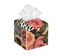 Housse de boîte à mouchoirs rayée léopard et roses | Porte-papier de soie carré en cuir pour maison, hôtel, voiture, bureau