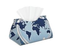 Housse de boîte à mouchoirs rectangulaire en cuir synthétique moderne et imperméable avec motif carte du monde bleue pour voiture, salle de bain, chambre à coucher, bureau, décoration de table