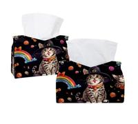 Housse de boîte à mouchoirs rectangulaire pour salle de bain, comptoirs, table de nuit et bureaux - Chaton mignon en chapeau de sorcière arc-en-ciel et bonbons