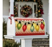 Housse de boîte aux lettres magnétique avec lumières de Noël, rayures rouges et ampoules vertes décoratives pour décoration de jardin, cour, 53,3 x 64,5 cm