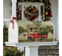 Housse de boîte aux lettres magnétique en forme de camion rouge, rustique vintage, arbre de Noël, clôture blanche, couverture de boîte aux lettres rouge pour décoration de jardin, cour, 53,3 x 64,5 cm