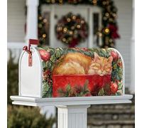 Housse de boîte aux lettres magnétique en forme de chat - Décoration festive de Noël - Houx - Rouge - Pour décoration de jardin ou extérieur - 53,3 x 64,9 cm