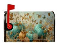 Housse de boîte aux lettres magnétique en forme de citrouille, style rustique, vintage, papillon, fleur, automne, turquoise, protection pour boîte aux lettres avant de cour, 45,7 x 53,3 cm