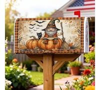 Housse de boîte aux lettres magnétique en forme de nain rustique fantaisie, citrouilles, chat, Halloween, pour décoration extérieure de cour, 45,7 x 53,3 cm