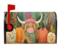 Housse de boîte aux lettres magnétique en forme de vache des Highlands, citrouilles rustiques, fleurs, orange, pour décoration de jardin, terrasse, 45,7 x 53,3 cm