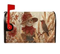 Housse de boîte aux lettres magnétique en forme d'épouvantail rustique avec oiseaux et fleurs d'automne marron pour décoration de cour avant 45,7 x 53,3 cm