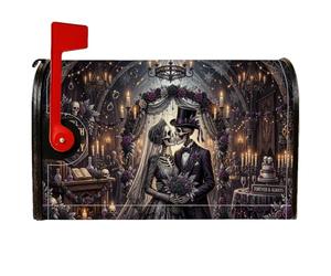 Housse de boîte aux lettres magnétique pour couple squelettique gothique | Thème mariage gothique, couverture de boîte aux lettres, squelette de mariée et marié, accents floraux sombres