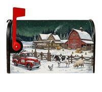 Housse de boîte aux lettres magnétique rustique de Noël 53,3 x 63,5 cm | Paysage d'hiver, emballages de boîte aux lettres, camionnette rouge, ferme rustique, grange enneigée, scène de campagne