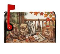 Housse de boîte aux lettres magnétique rustique pour randonnée, aventure | Feuilles d'érable, couvercle de boîte aux lettres, caisse en bois, jumelles, bottes de randonnée, style cabane rustique