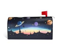 Housse de boîte aux lettres Saturne Jupiter Earth en tissu imperméable avec une impression sur un côté et une ouverture incurvée sur un côté.