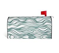 Housse de boîte aux lettres verte ondulée en tissu imperméable avec une impression sur un côté et une ouverture incurvée sur un côté.