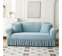 Housse de canapé à volants extensible pour causeuse et sectionnel (bleu 2 places de 140 à 185 cm) facile à installer et lavable avec jupe