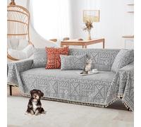 Housse De Canapé Boho Chenille pour Chiens, Housse De Canapé Sectionnelle Surdimensionnée, Coussin 2/3/4, Lavable avec Pompon(Grey,180 * 280cm/71 * 110in)