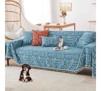 Housse De Canapé Boho Chenille pour Chiens, Housse De Canapé Sectionnelle Surdimensionnée, Coussin 2/3/4, Lavable avec Pompon(Blue,180 * 360cm/71 * 141.7in)