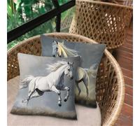 Housse de Canapé Cheval Blanc, Taie Oreiller 65x65 lot de 2, Coussin Exterieur Impermeable, Ultra Doux Taie D'oreiller avec Fermeture Éclair Invisible, Housse Coussin Décoration pour Chaise Jardin 317