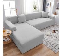 Housse de canapé en L extensible, pour canapé en cuir moderne, décoration d'intérieur, lavable en machine, compatible avec la plupart des canapés 3 places de 190 à 230 cm, beige/gris