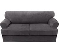 Housse de canapé en velours ultra doux avec coussin en T lavable en peluche qui ne bouloche pas - Base élastique pour causeuse à 2 coussins - Gris