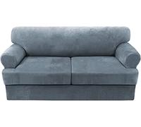 Housse de canapé en velours ultra doux avec coussin en T - Lavable - Ne bouloche pas - Avec base élastique - Bleu pierre - Canapé à 2 coussins