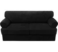 Housse de canapé en velours ultra doux en peluche avec housses de coussin en T séparées - Lavable - Avec fond élastique - Ne bouloche pas - Noir