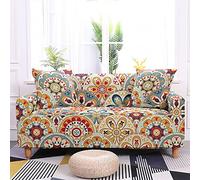 Housse de Canapé Ethnique Bohème Extensible 1/2/3/4 Places Maison Salon Décoration Housse de Canapé Polyester Housse de Canapé Mandala Lotus Patchwork Housses de Sofa (Vert 2,3 Places)