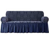 Housse de canapé Extensible avec Volant, 1 pièce, Motif damassé Vintage, Housse Universelle Facile à Installer et Lavable, idéale pour décorer Votre Salon à Noël (Bleu foncé, 3 Places (185-2