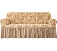 Housse de canapé Extensible avec Volant, 1 pièce, Motif damassé Vintage, Housse Universelle Facile à Installer et Lavable, idéale pour décorer Votre canapé de Noël au Salon (Kaki foncé, 2 pl