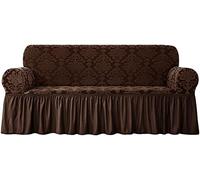 Housse de canapé Extensible avec Volant, 1 pièce, Motif damassé Vintage, Housse Universelle Facile à Installer et Lavable, idéale pour décorer Votre Salon à Noël (Chocolat, 3 Places (185-235