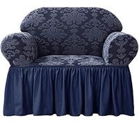 Housse de canapé Extensible avec Volant, 1 pièce, Motif damassé Vintage, Housse Universelle Facile à Installer et Lavable, décoration de Noël pour Salon (Bleu foncé, 1 Place (80-120 cm))