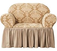 Housse de canapé Extensible avec Volant, 1 pièce, Motif damassé Vintage, Housse Universelle Facile à Installer et Lavable, idéale pour décorer Votre Salon à Noël (Kaki foncé, 1 Place (80-120