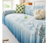 Housse de Canapé Fleurie, Housse de Sofa Lavable pour Meubles, Couverture de Couverture de Canapé Vintage, Ourlet de Jupe Dégradé Décoration de Mariage et de Maison Blue 180X380cm/70.87X149.61In