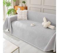 Housse de canapé nordique en chenille - Housse anti-griffures de chat avec pompons - Protection unie pour causeuse et sofa, toutes saisons (taille : 180 x 420 cm)