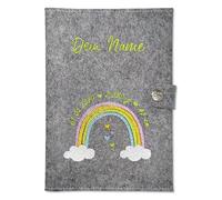 Housse de carnet de santé et carnet de vaccination personnalisés - Nuage arc-en-ciel - 2 compartiments intérieurs - Fermeture à bouton-pression avec logo - Gris chiné